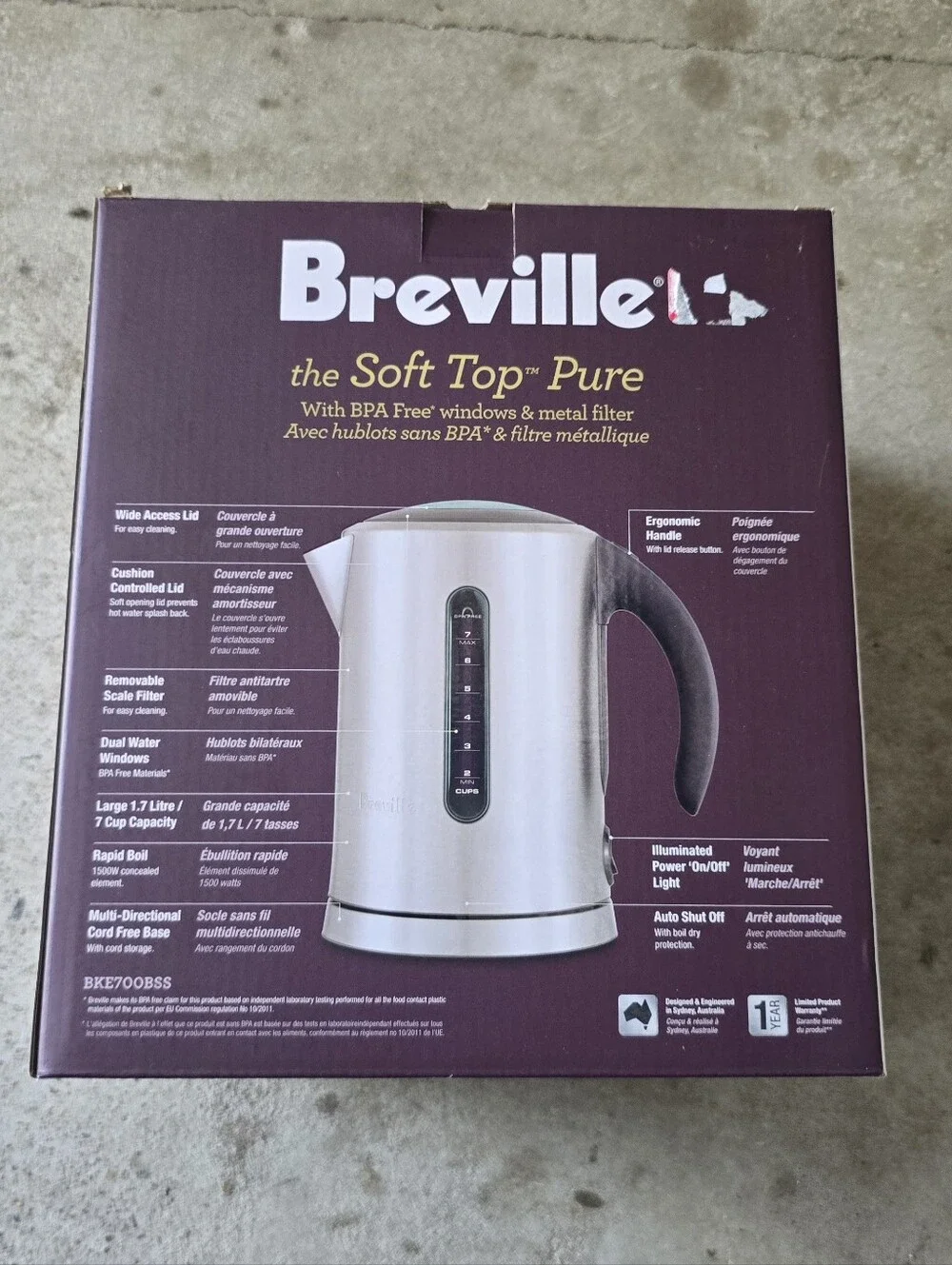 Breville BKE700BSS Soft Top Pure Hot Water Kettle 7 Cup Brushed Stainless Steel